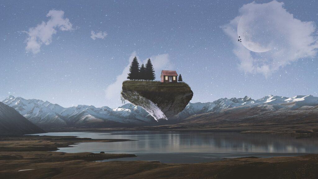 a house on a piece of floating ground