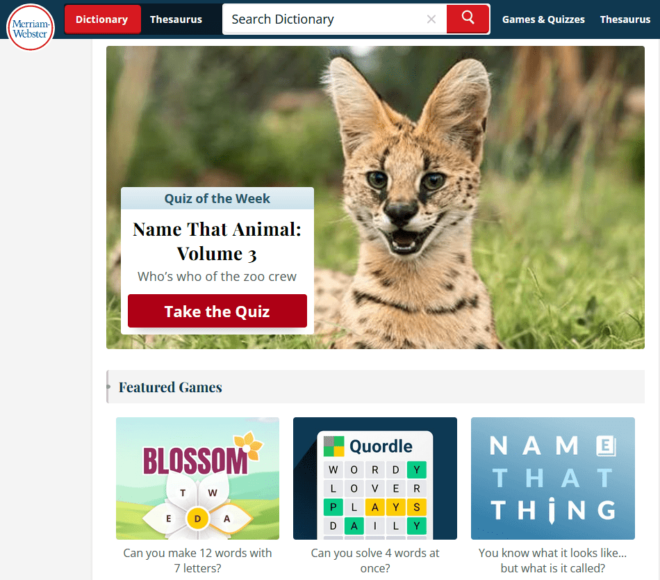 merriam-webster games page screenshot