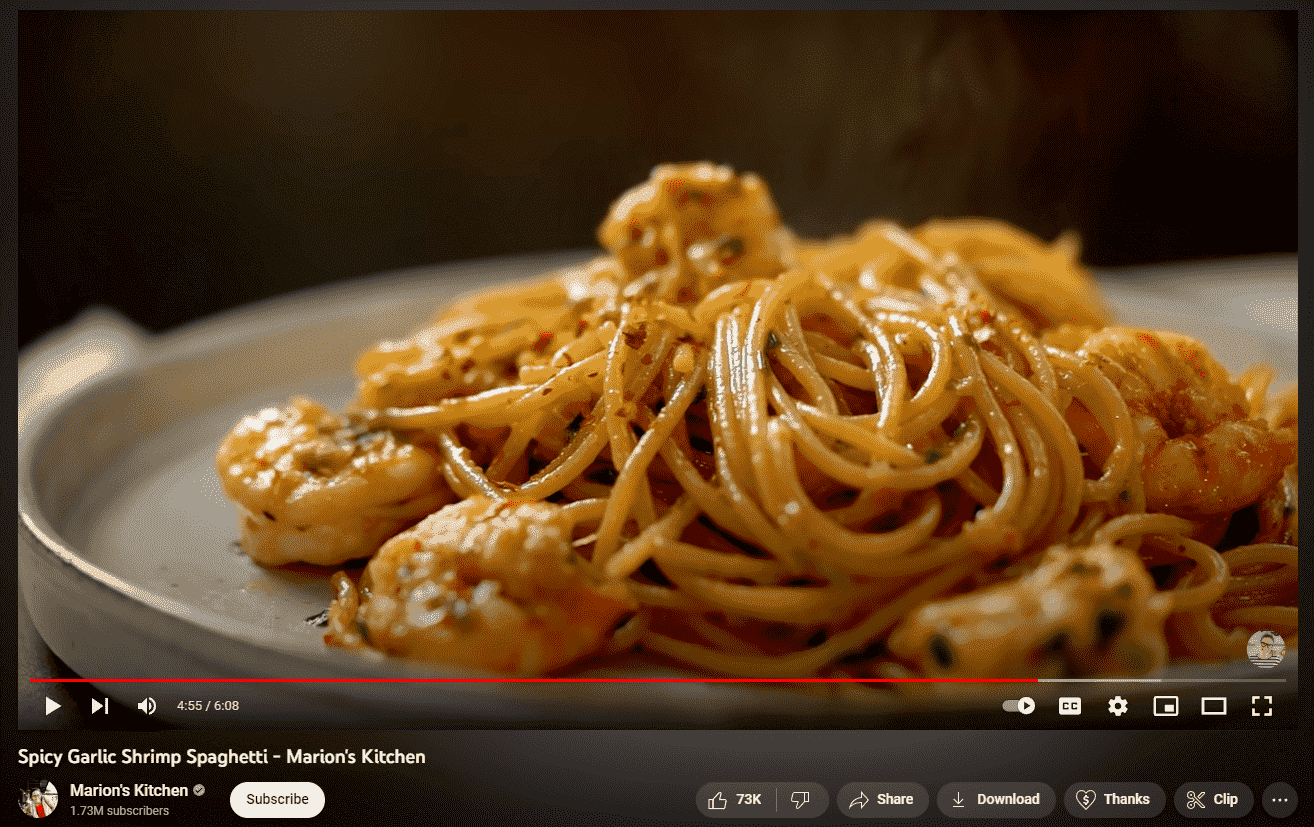 a screenshot of marion's kitchen spicy garlic shrimp pasta